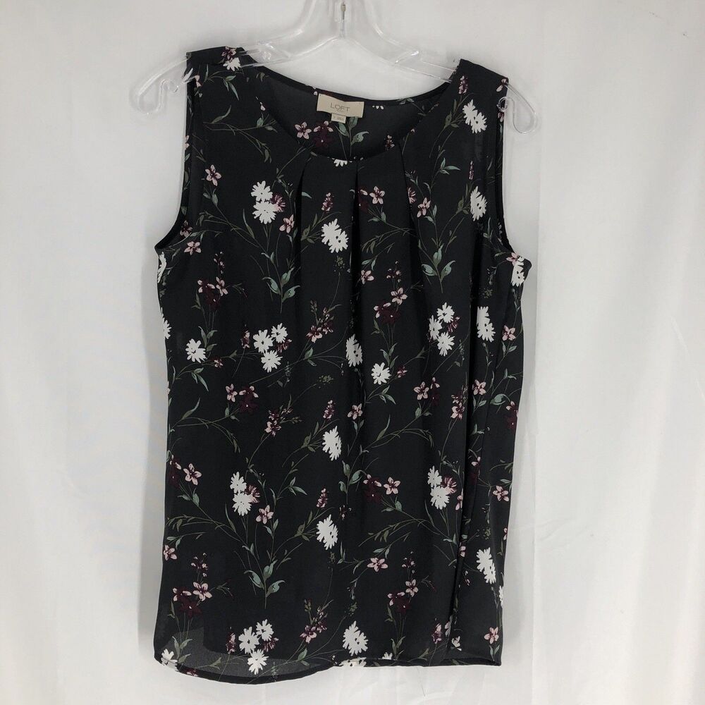 Loft Outlet Floral Sleeveless Blouse Pleated Neck Size Small Gray